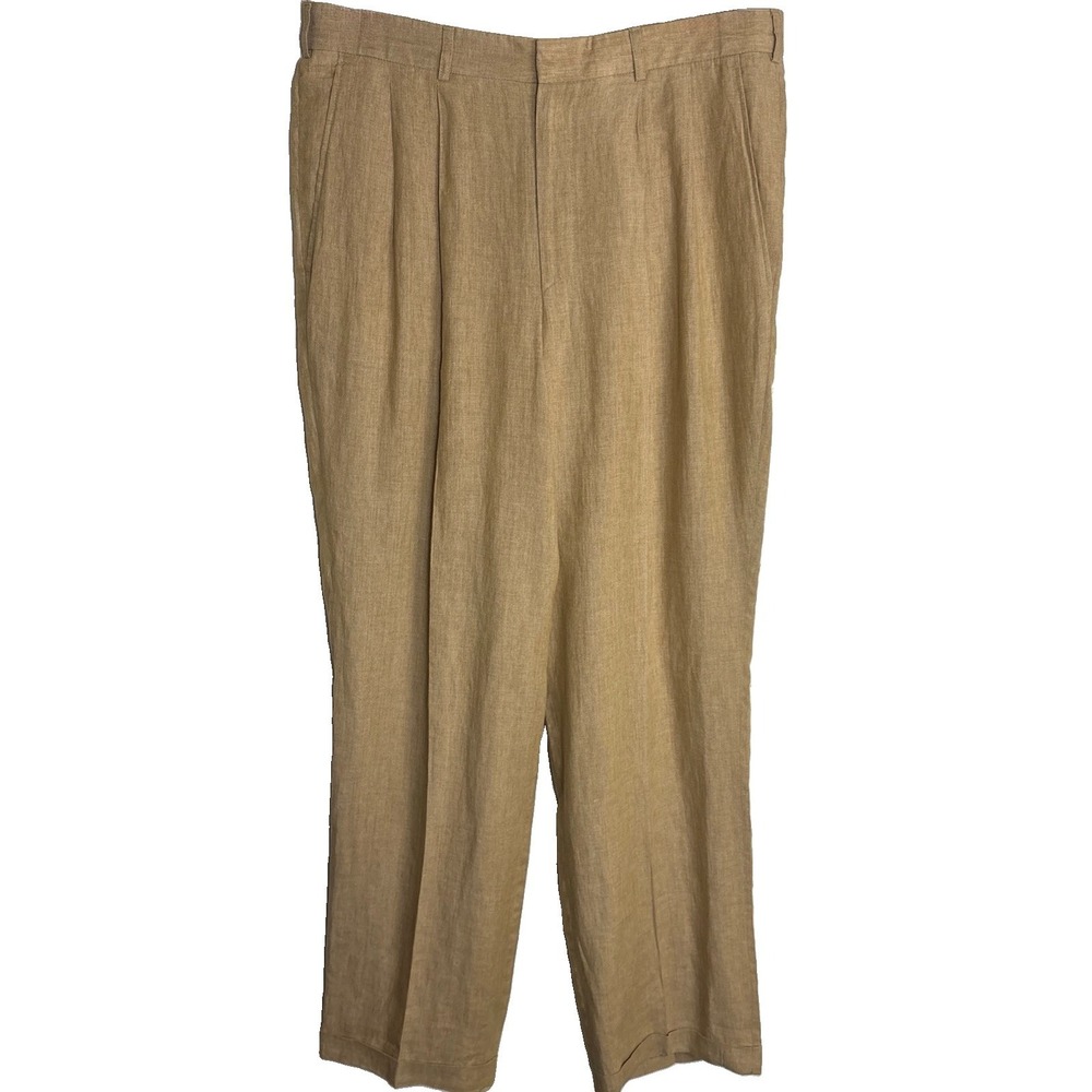 Hickey Freeman 100% Linen Trousers Mens 35x33 Tan Italy Pleat Cuffed Dress Pants